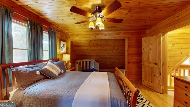 bedroom with wood ceiling, a ceiling fan, light wood-style flooring, and wooden walls