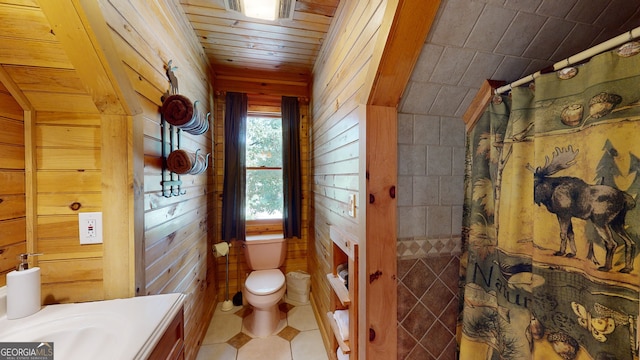 1650 Loving Rd, Morganton, GA 30560 - bathroom featuring curtained shower, toilet, wooden walls, wood ceiling, and tile patterned floors