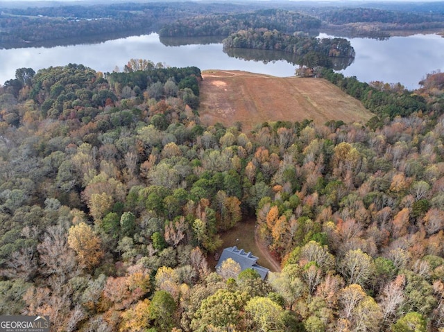 drone / aerial view featuring a water view and a view of trees