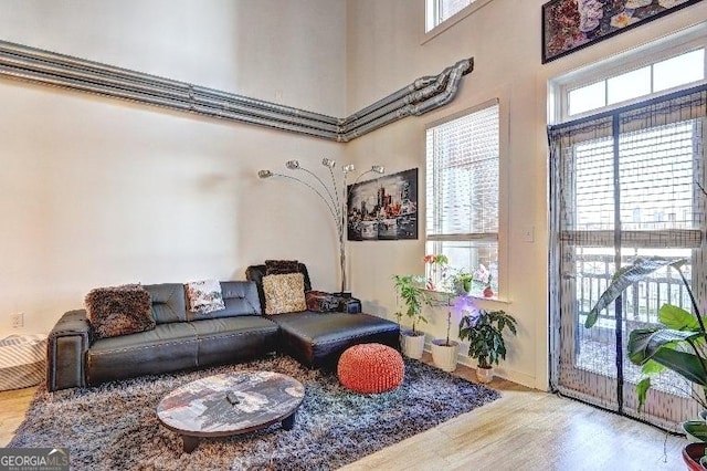 living area with a wealth of natural light, wood finished floors, and a towering ceiling