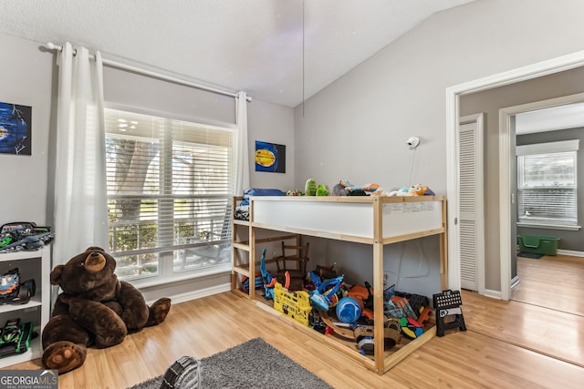 bedroom with lofted ceiling, multiple windows, baseboards, and wood finished floors