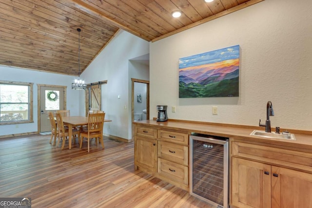 kitchen with butcher block countertops, a sink, wine cooler, and wooden ceiling