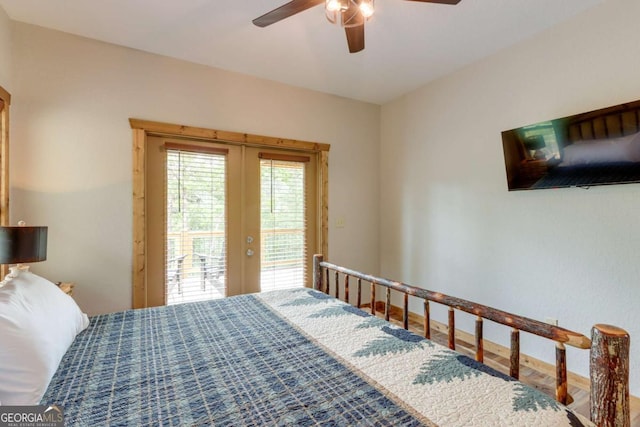 bedroom with ceiling fan, access to outside, and french doors