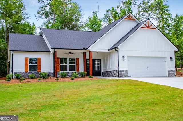 modern farmhouse style home featuring board and batten siding, a front lawn, a shingled roof, and a garage