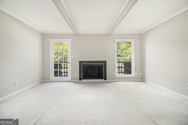 6437 Stone Way, Morrow, GA 30260 - unfurnished living room with crown molding, a fireplace, beamed ceiling, baseboards, and carpet