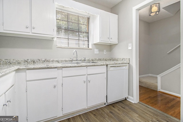 6437 Stone Way, Morrow, GA 30260 - kitchen with white cabinets, white dishwasher, a sink, and dark wood-type flooring