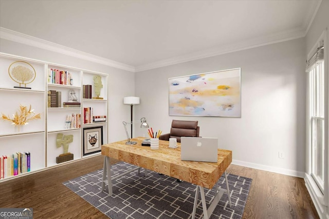 office area with ornamental molding, wood finished floors, and baseboards