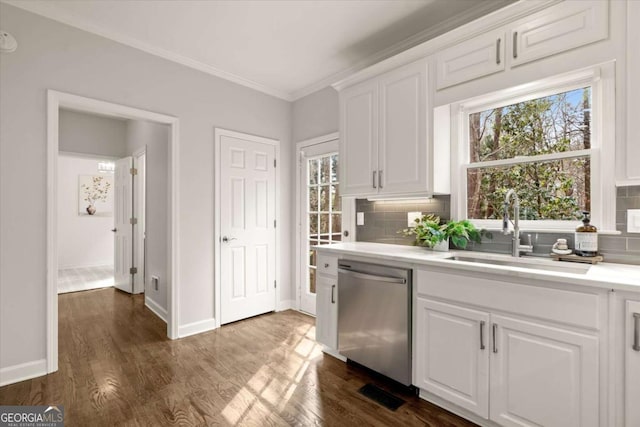 kitchen featuring decorative backsplash, light countertops, a sink, and stainless steel dishwasher