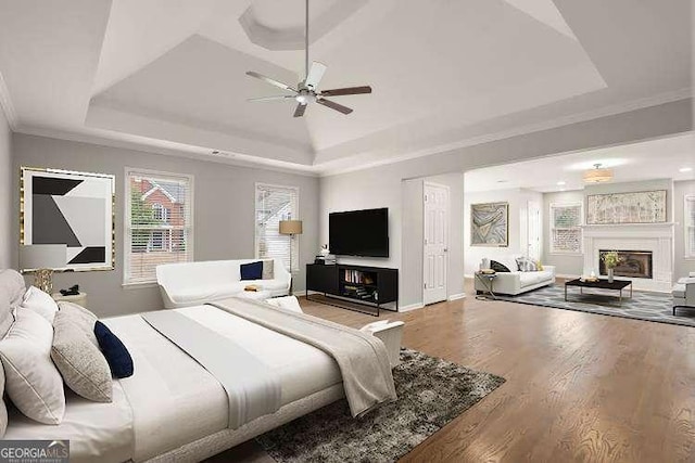 bedroom featuring wood finished floors, a tray ceiling, and a glass covered fireplace