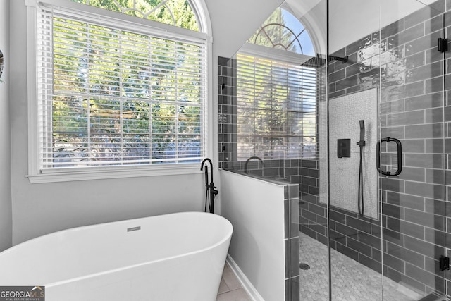 full bathroom with a healthy amount of sunlight, a stall shower, and a freestanding bath