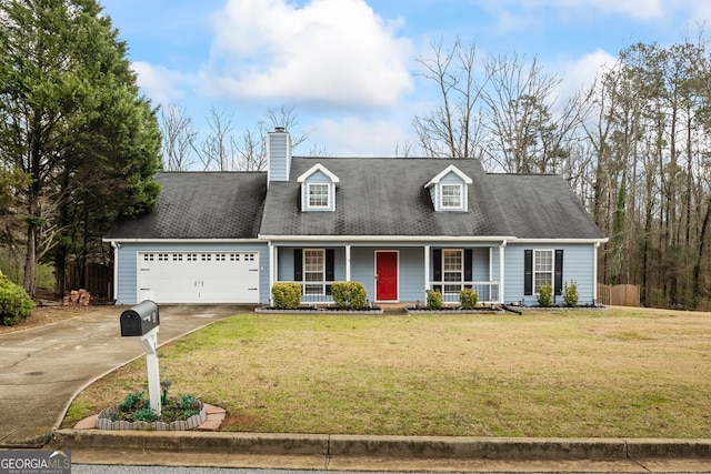 new england style home with a garage, driveway, covered porch, and a front yard