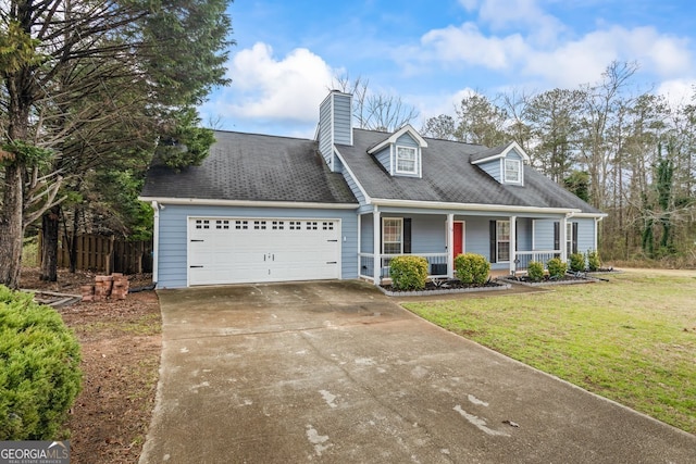 cape cod house featuring an attached garage, covered porch, fence, concrete driveway, and a front yard