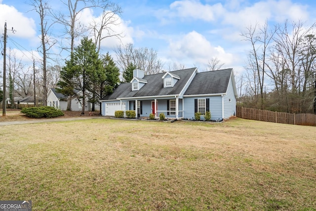 new england style home featuring covered porch, a garage, fence, a front lawn, and a chimney