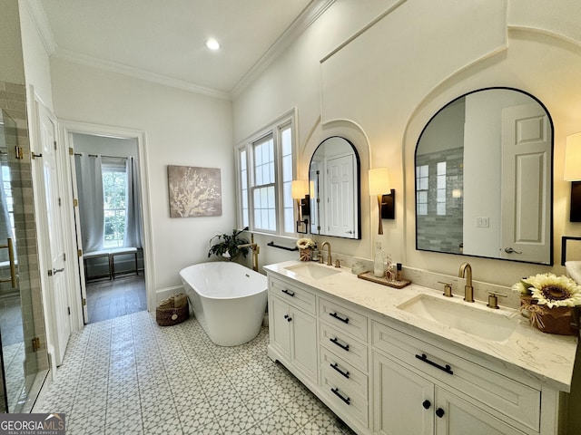 full bathroom with plenty of natural light, a sink, and crown molding