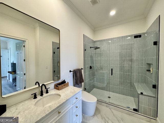 bathroom with marble finish floor, crown molding, visible vents, a stall shower, and vanity