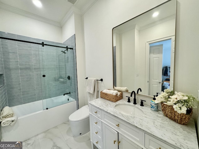 full bath with toilet, bath / shower combo with glass door, vanity, marble finish floor, and crown molding