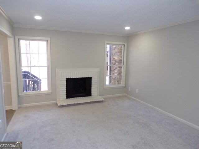 2401 Northlake Ct, Atlanta, GA 30345 - unfurnished living room featuring crown molding, baseboards, carpet flooring, recessed lighting, and a fireplace