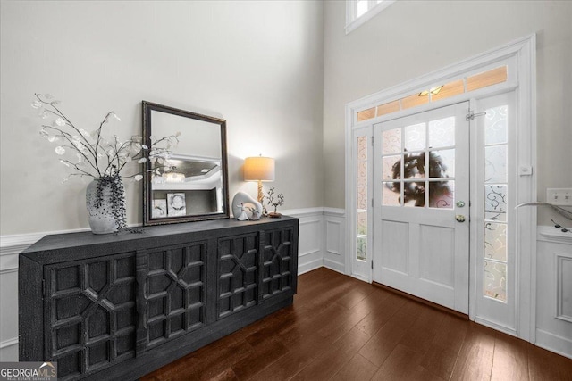 foyer entrance featuring dark wood-style floors, a wainscoted wall, and a decorative wall