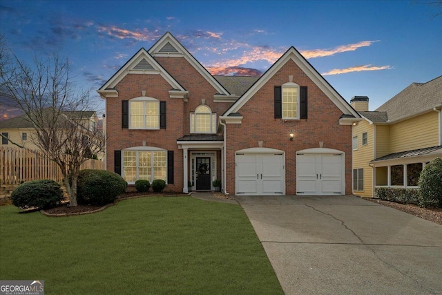 traditional-style home featuring brick siding, a lawn, fence, a garage, and driveway