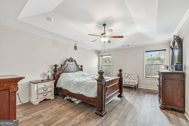 bedroom featuring multiple windows, a raised ceiling, and light wood-style flooring