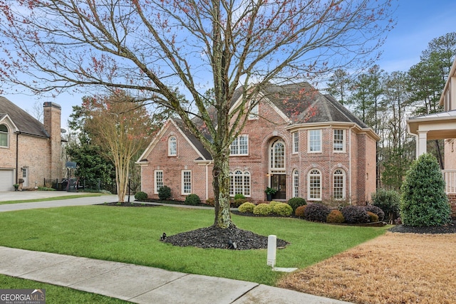 view of front of home featuring brick siding and a front lawn