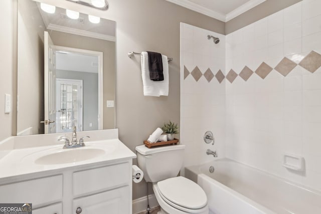 full bath featuring vanity, shower / washtub combination, toilet, and ornamental molding