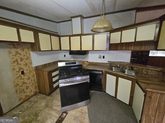 kitchen with stainless steel gas stove, a sink, white cabinetry, and dishwasher