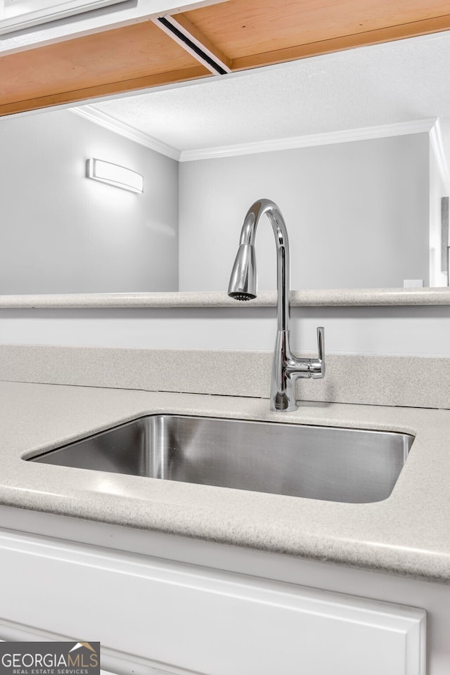 room details featuring ornamental molding, white cabinets, and a sink