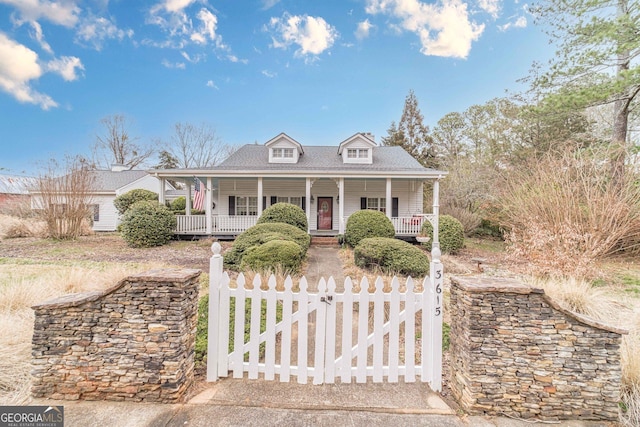 view of front of property with roof with shingles, a porch, a fenced front yard, and a gate