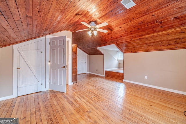 additional living space with light wood finished floors, baseboards, visible vents, lofted ceiling, and wood ceiling