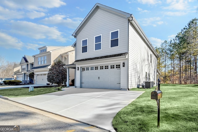 view of front of home featuring a garage, central AC, driveway, a residential view, and a front lawn