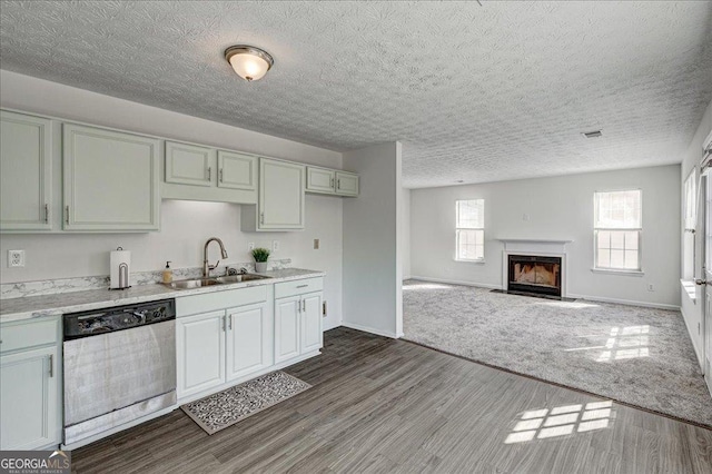 kitchen with a fireplace with flush hearth, plenty of natural light, a sink, and stainless steel dishwasher