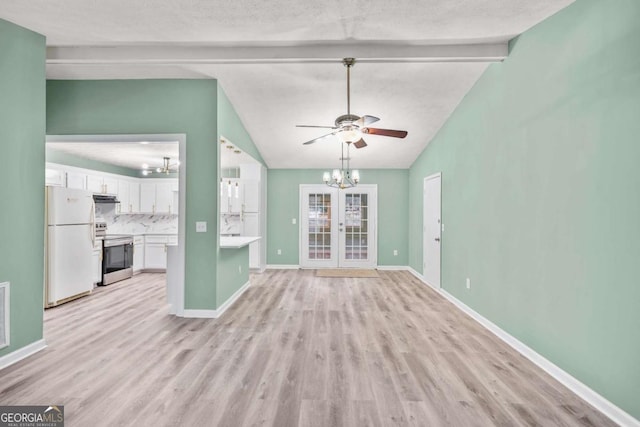 unfurnished living room featuring french doors, vaulted ceiling with beams, visible vents, light wood-style flooring, and baseboards