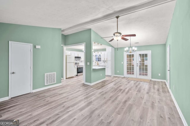 unfurnished living room featuring baseboards, french doors, visible vents, and light wood-style floors