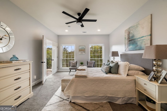 bedroom with baseboards, light colored carpet, ceiling fan, access to outside, and recessed lighting