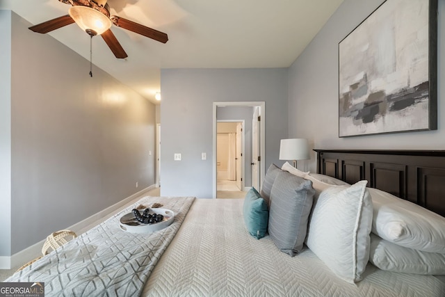 bedroom with ceiling fan and baseboards