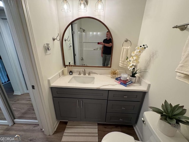 bathroom featuring toilet, wood finished floors, and vanity