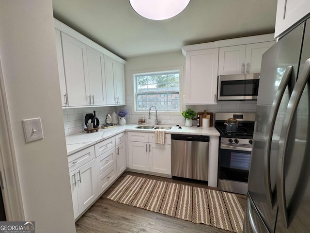 kitchen with a sink, wood finished floors, white cabinetry, stainless steel appliances, and decorative backsplash