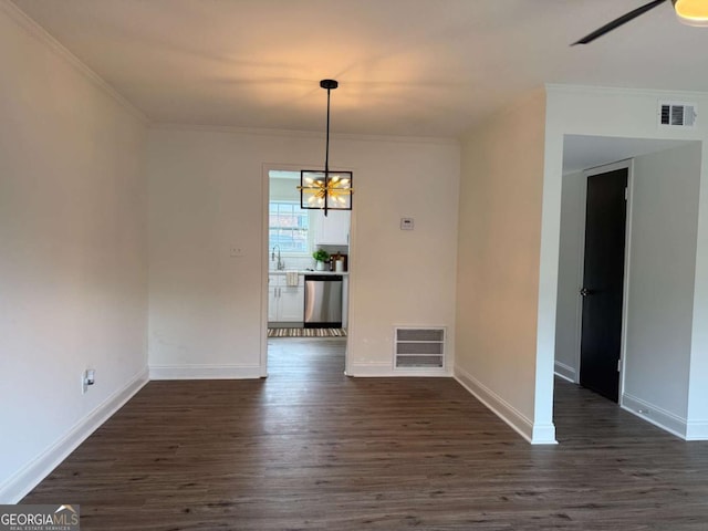 unfurnished dining area with crown molding, visible vents, and dark wood-style flooring