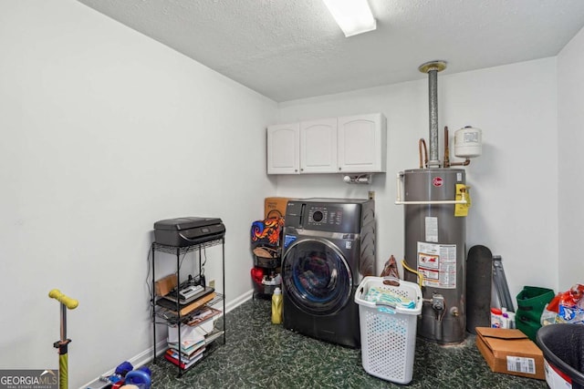 laundry area with gas water heater, washer / clothes dryer, cabinet space, a textured ceiling, and baseboards