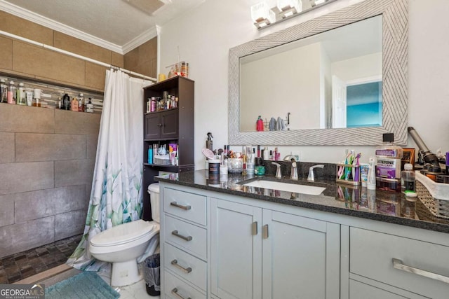 bathroom with toilet, visible vents, vanity, a tile shower, and crown molding