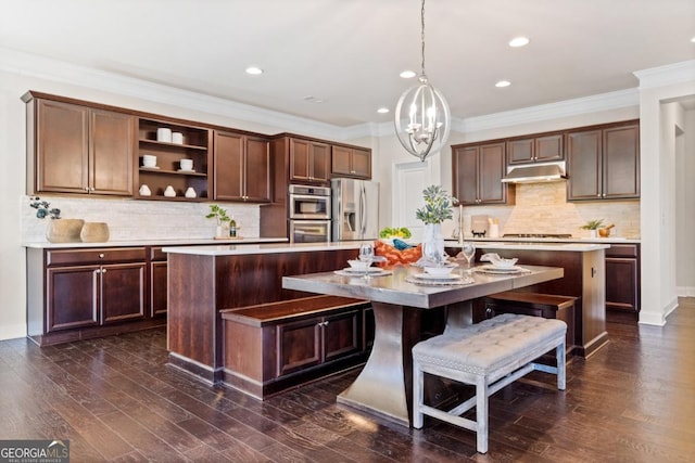 kitchen featuring under cabinet range hood, dark wood finished floors, an island with sink, stainless steel appliances, and open shelves