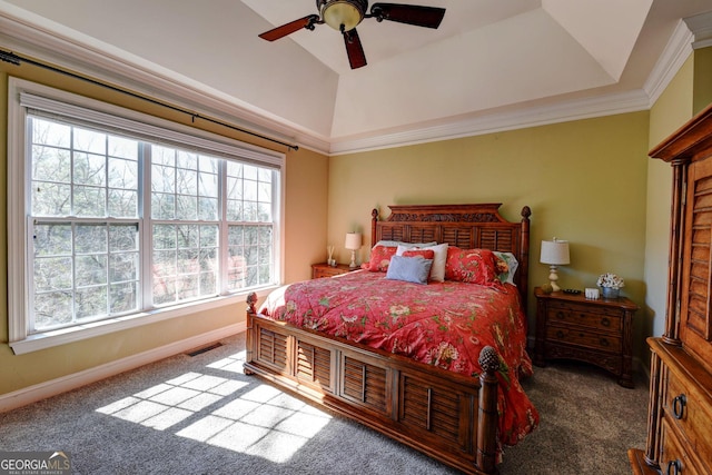 bedroom with ceiling fan, carpet floors, visible vents, baseboards, and crown molding