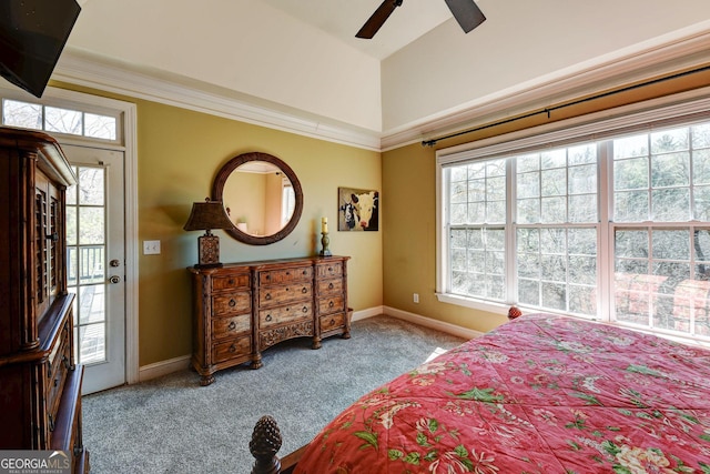 carpeted bedroom with baseboards, a ceiling fan, lofted ceiling, ornamental molding, and access to outside