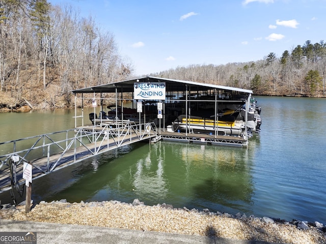 dock area with a water view and a wooded view