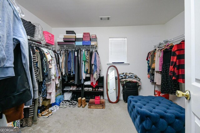 walk in closet with visible vents and carpet flooring