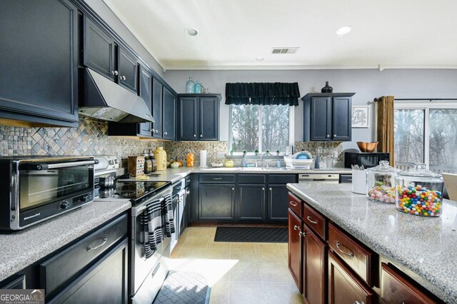 kitchen with tasteful backsplash, visible vents, stainless steel range with electric cooktop, plenty of natural light, and under cabinet range hood