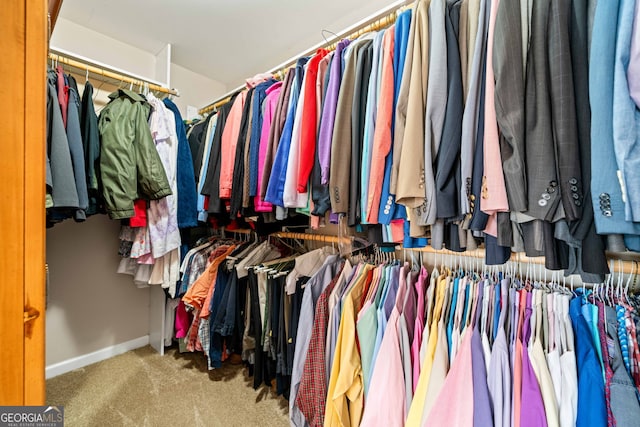 walk in closet featuring carpet flooring