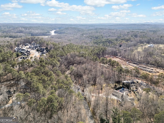 drone / aerial view featuring a view of trees