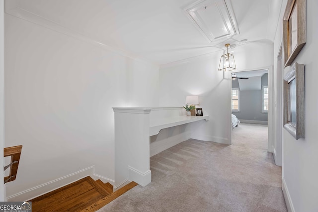 hall with baseboards, ornamental molding, carpet flooring, an upstairs landing, and attic access